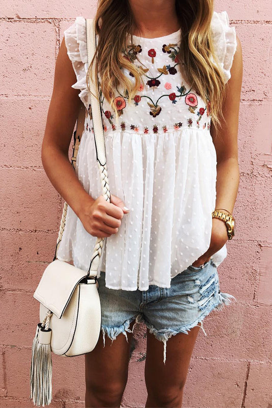 White Floral Embroidered Swiss Dot Ruffled Tank Top White 100%Polyester Tank Tops JT's Designer Fashion