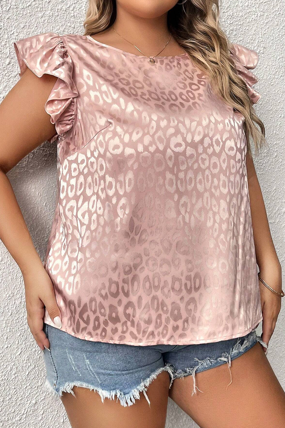 Pink Leopard Print Ruffled Trim O Neck Plus Size T Shirt Plus Size JT's Designer Fashion