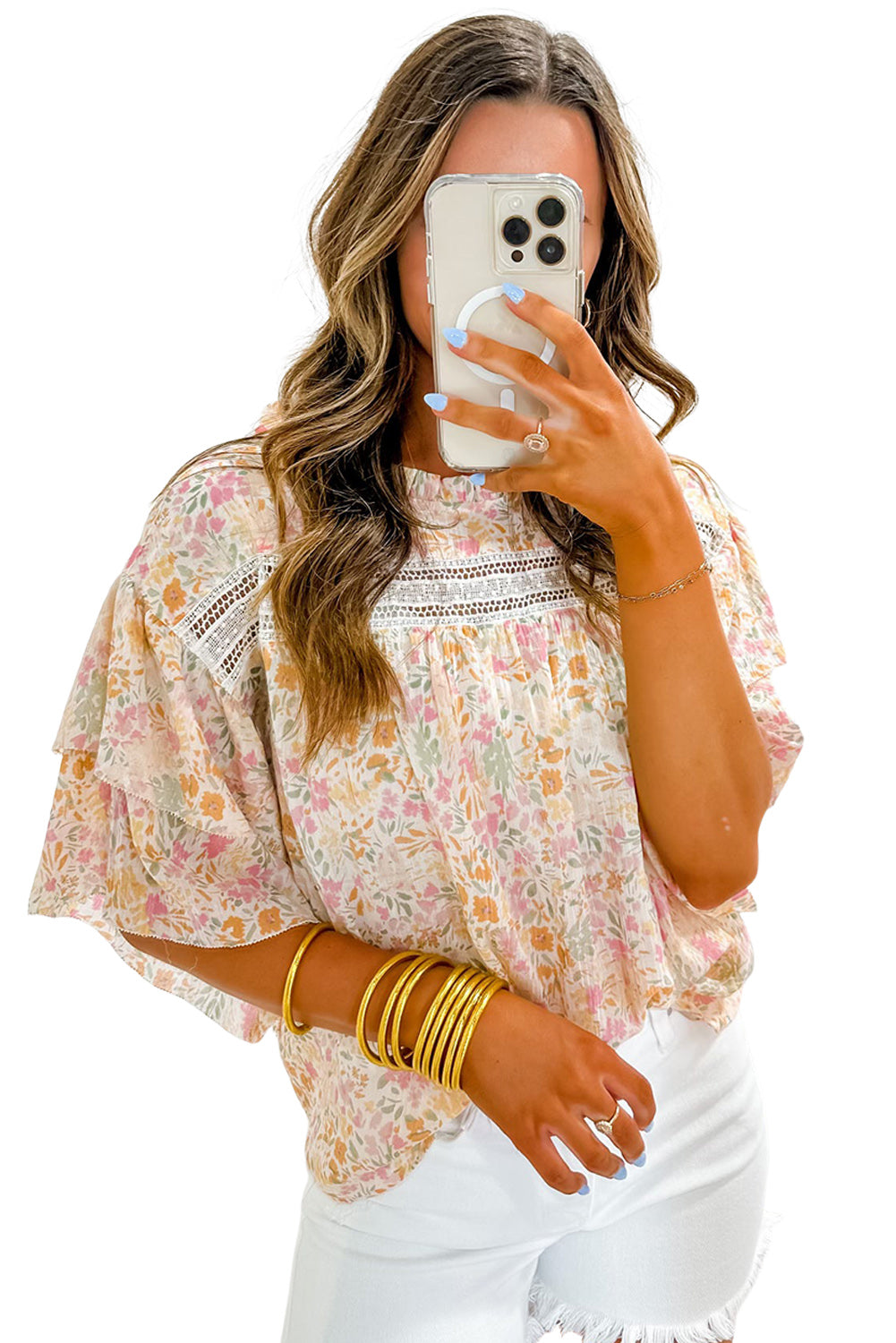 Multicolor Floral Print Wide Ruffle Sleeves Blouse Blouses & Shirts JT's Designer Fashion