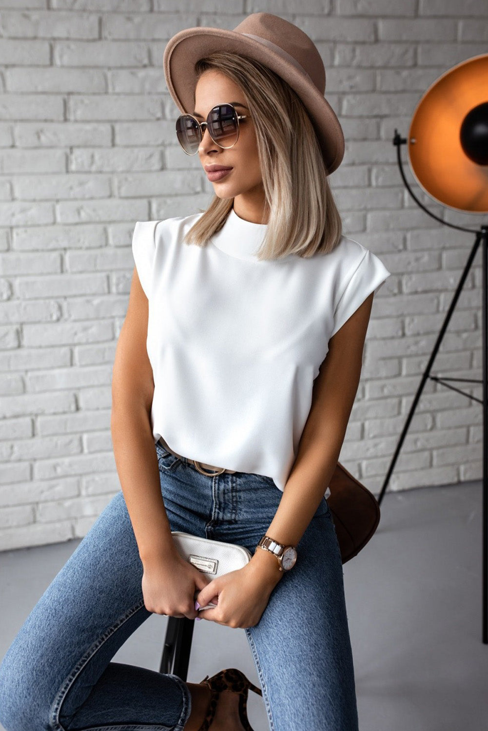 White Solid Color Mock Neck Sleeveless Top Tank Tops JT's Designer Fashion