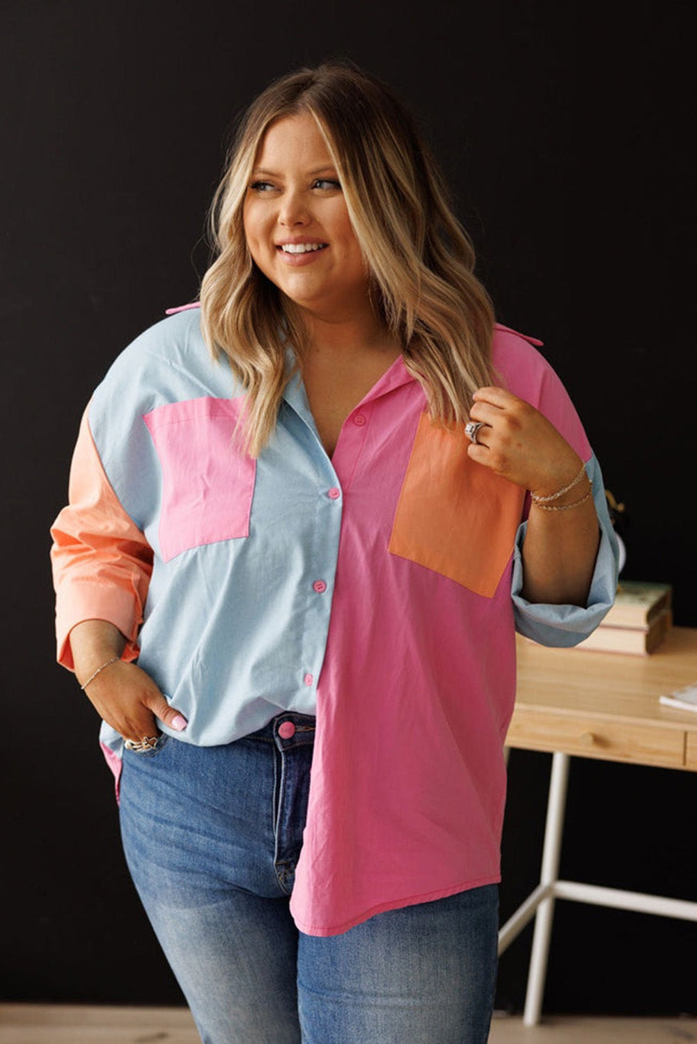 Pink Color Block Chest Pockets Plus Size Shirt Plus Size JT's Designer Fashion