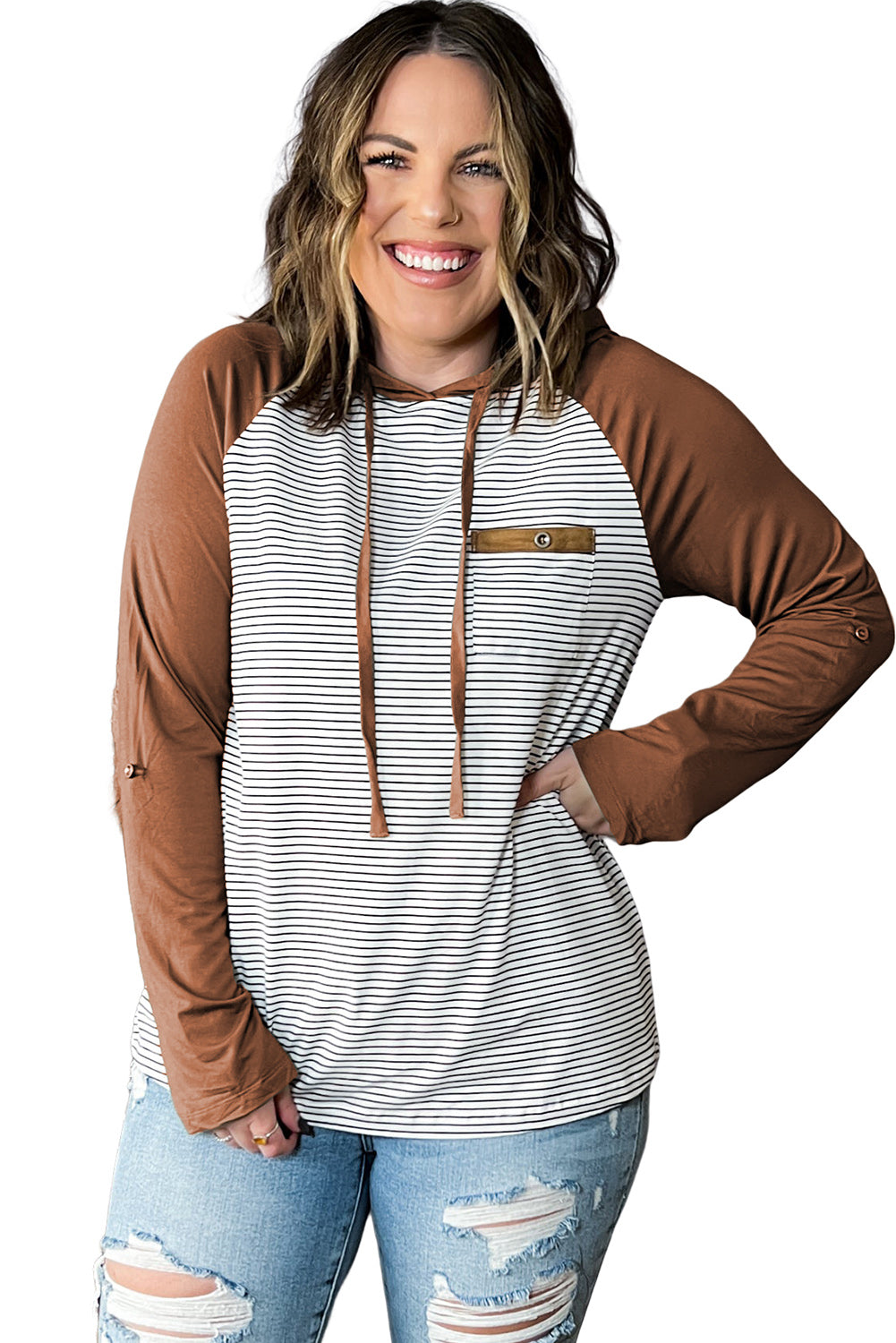 Brown Green Striped Raglan Sleeve Buttoned Pocket Plus Size Hoodie Plus Size JT's Designer Fashion