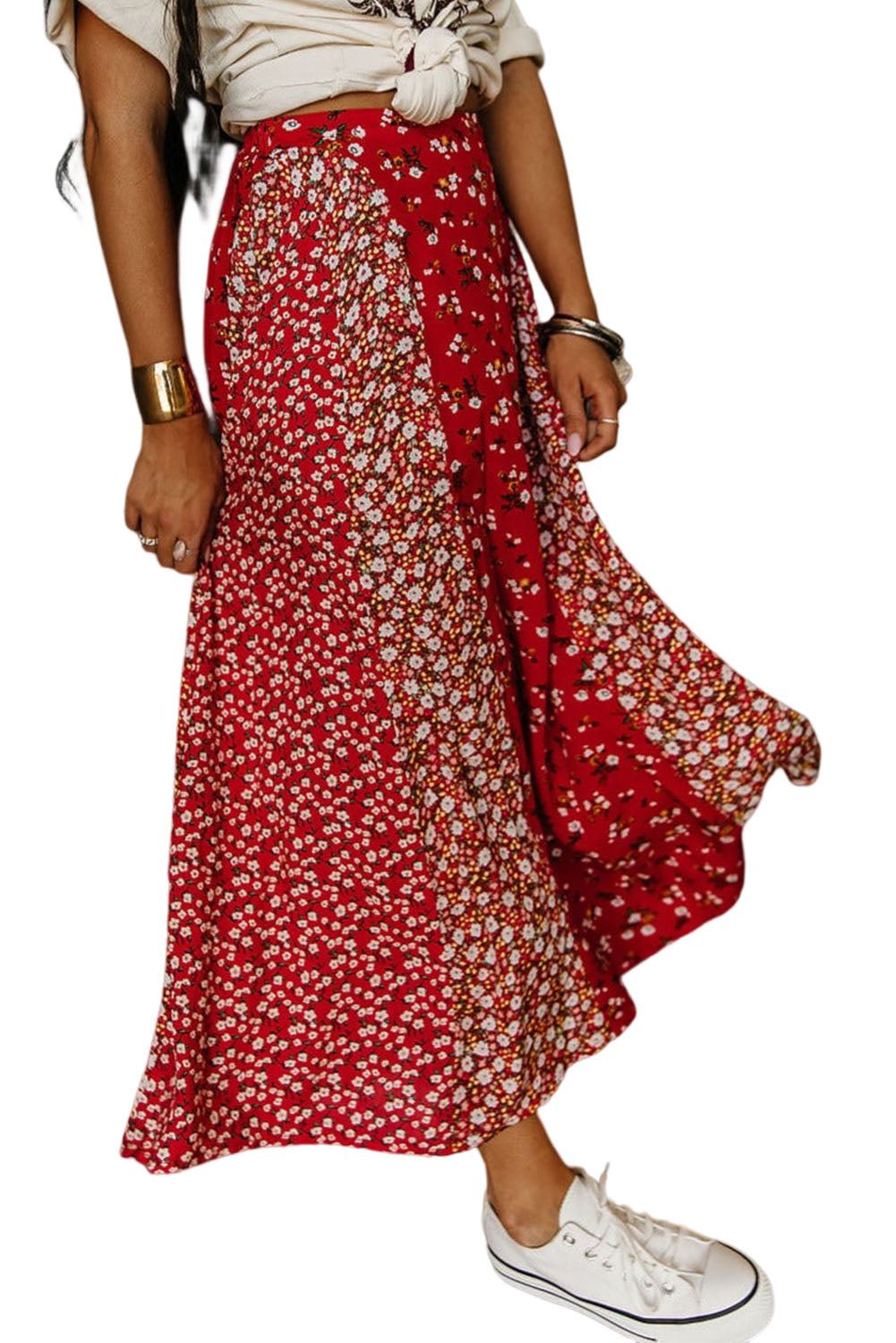 Red Floral Patchwork Print Flowy Maxi Skirt Bottoms JT's Designer Fashion