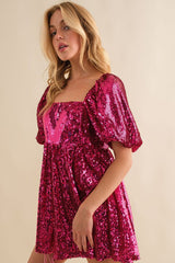 Rose Red Short Puff Sleeve Sequin Babydoll Romper Jumpsuits & Rompers JT's Designer Fashion