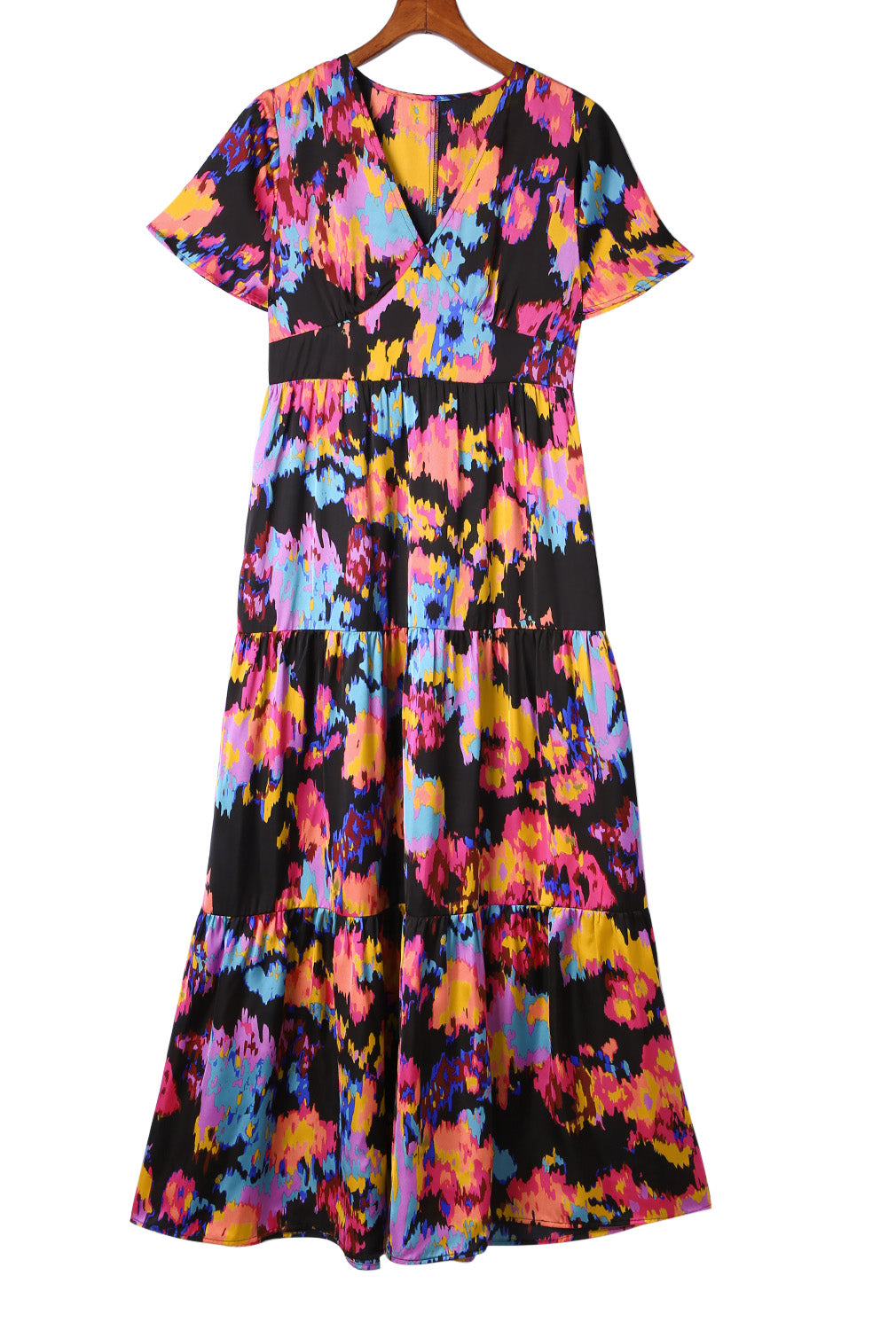 Black Abstract Floral Pattern Flutter Sleeve Tiered Maxi Dress Floral Dresses JT's Designer Fashion