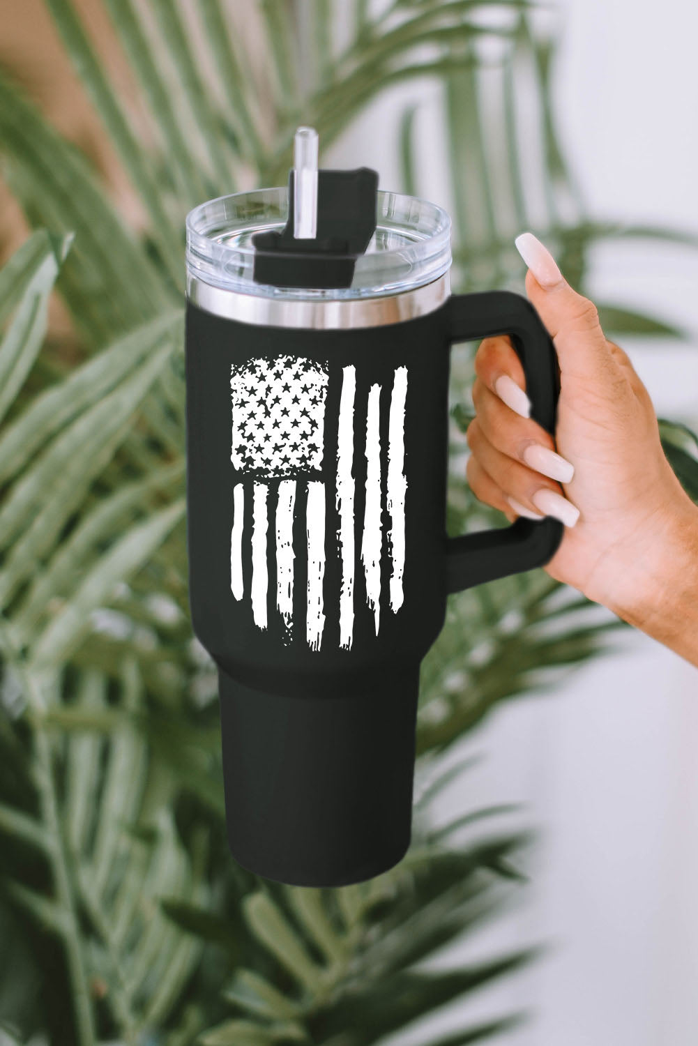 Black American Flag Print Stainless Steel Portable Cup with Handle 40oz Tumblers JT's Designer Fashion