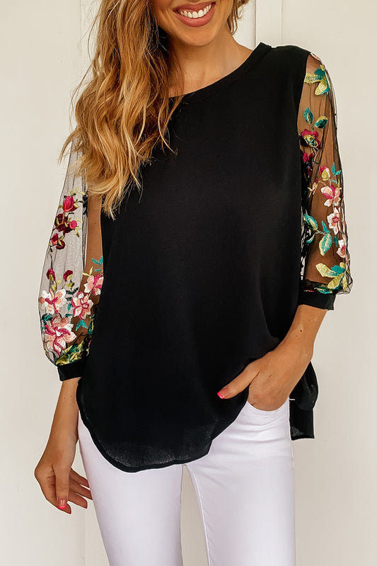 Black Floral Embroidered Sleeve Blouse Blouses & Shirts JT's Designer Fashion