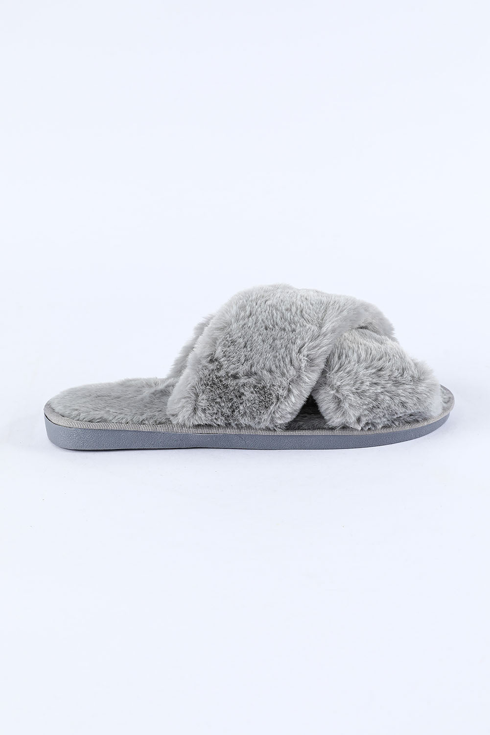 Gray Crossed Straps Winter Furry Slippers Slippers JT's Designer Fashion