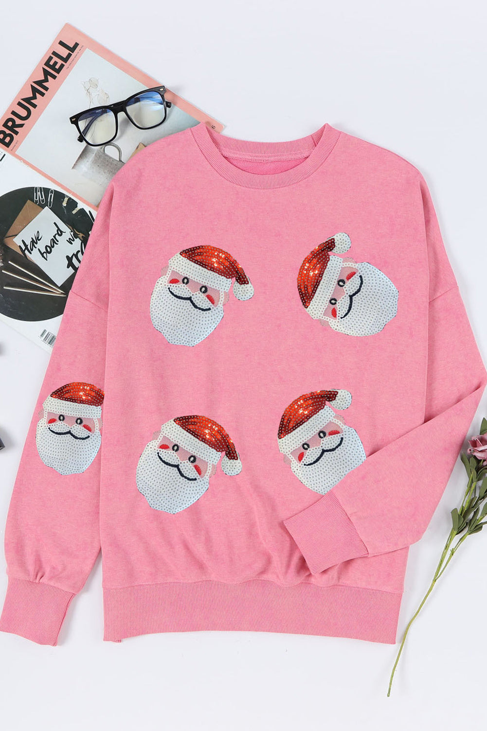 Pink Sequined Santa Clause Graphic Split Sweatshirt Graphic Sweatshirts JT's Designer Fashion