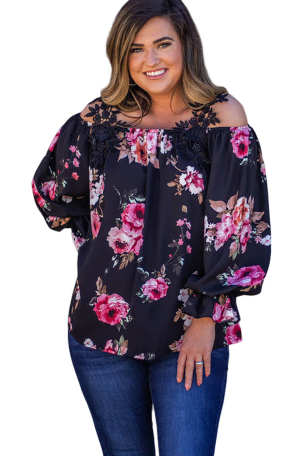 Black Plus Size Crochet Detail Off-shoulder Floral Blouse Plus Size JT's Designer Fashion