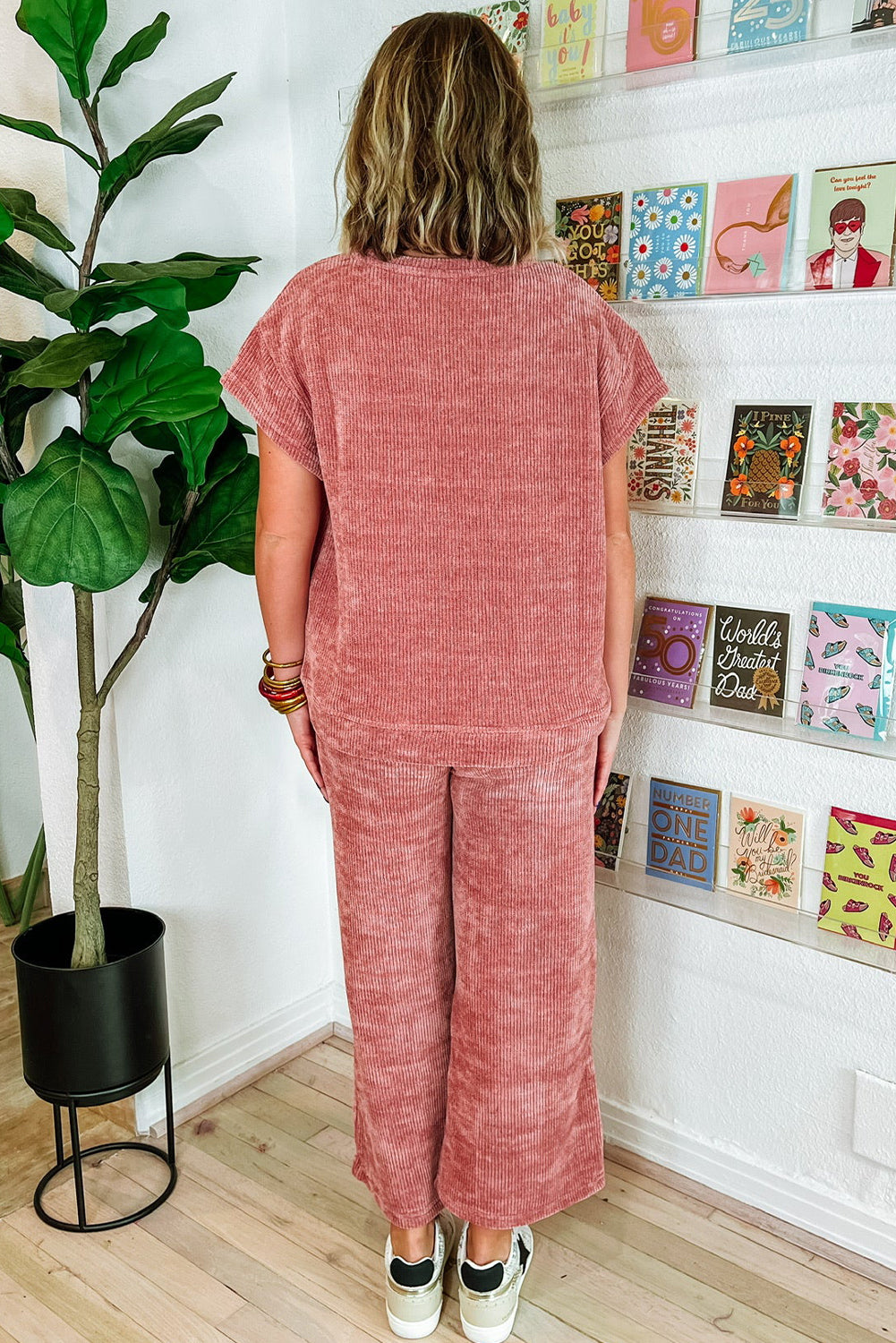 Rose Pink Mineral Wash Corduroy Short Sleeve and Crop Pants Set Bottoms JT's Designer Fashion