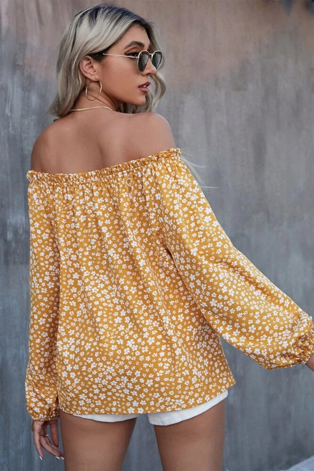 Yellow Floral Print Frill Trim Off-shoulder Lantern Sleeve Blouse Tops & Tees JT's Designer Fashion