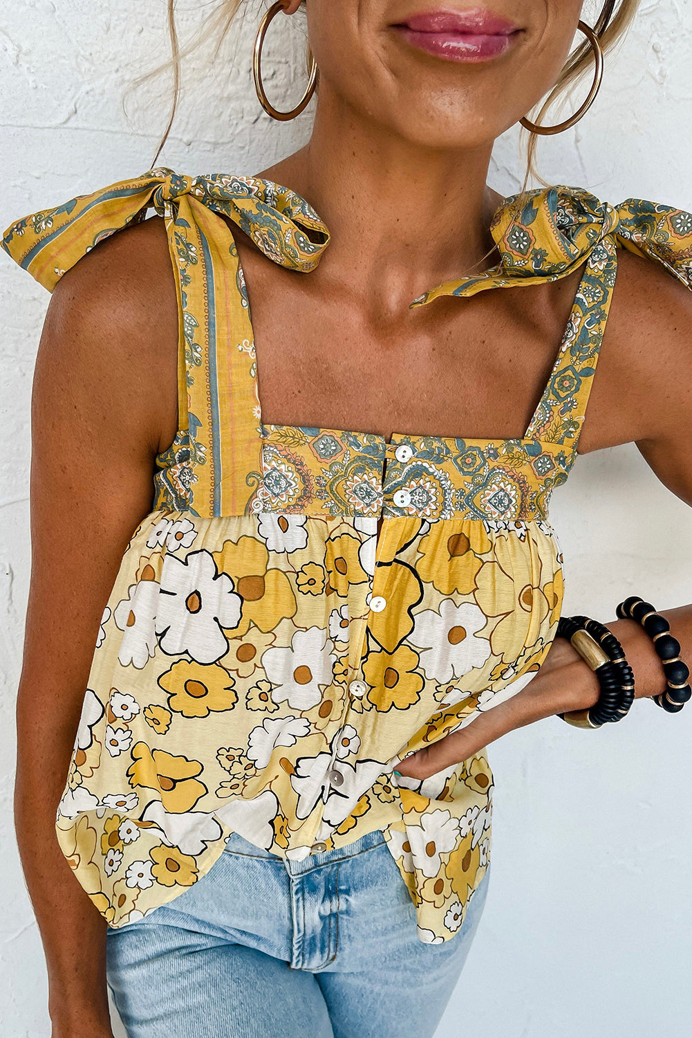 Yellow Floral Patch Tied Straps Buttoned Tank Top Tops & Tees JT's Designer Fashion