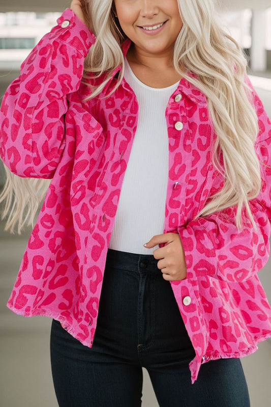 Barbie Style Pink Plus Size Leopard Print Button Cuffs Raw Hem Jacket Denim jackets JT's Designer Fashion