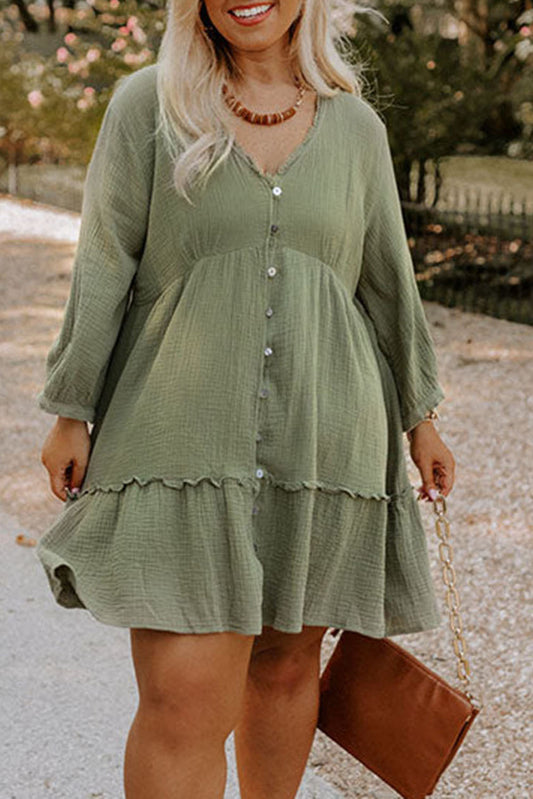 Green Textured Ruffled Buttoned V Neck Plus Size Mini Dress Plus Size JT's Designer Fashion