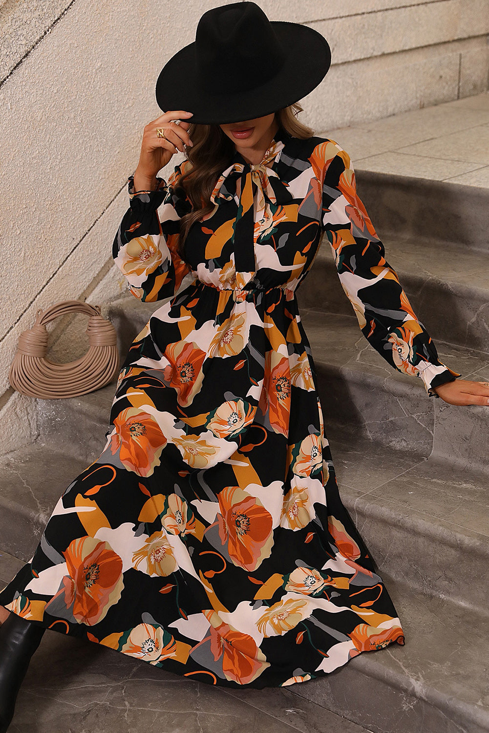 Orange Floral Print Tie Neck Long Sleeve Dress Dresses JT's Designer Fashion