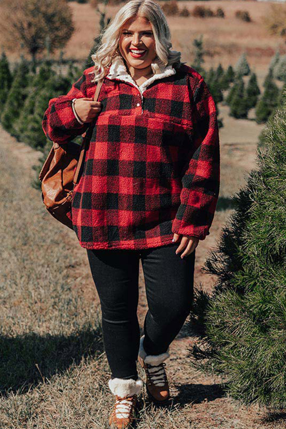 Red Plus Size Buffalo Plaid Sherpa Henley Sweatshirt Plus Size JT's Designer Fashion