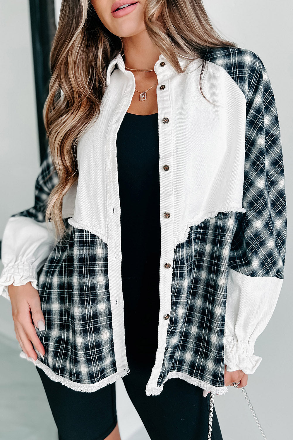 White Plaid Patch Puff Sleeve Buttoned Denim Jacket Denim jackets JT's Designer Fashion