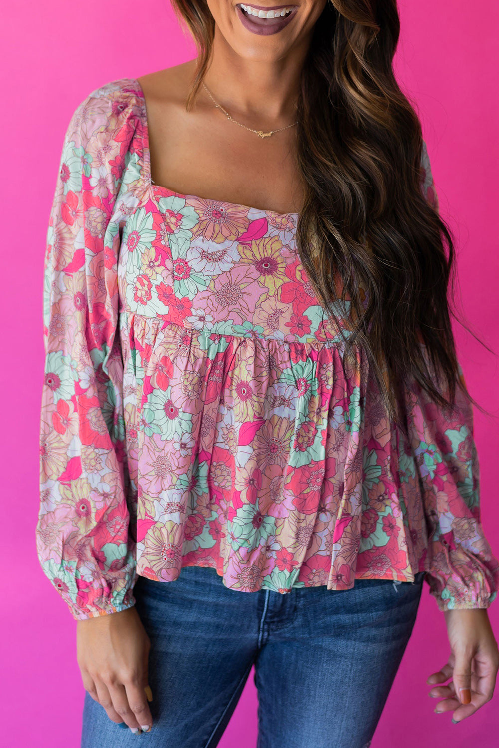 Pink Multicolor Floral Square Neck Puff Sleeve Babydoll Blouse Tops & Tees JT's Designer Fashion