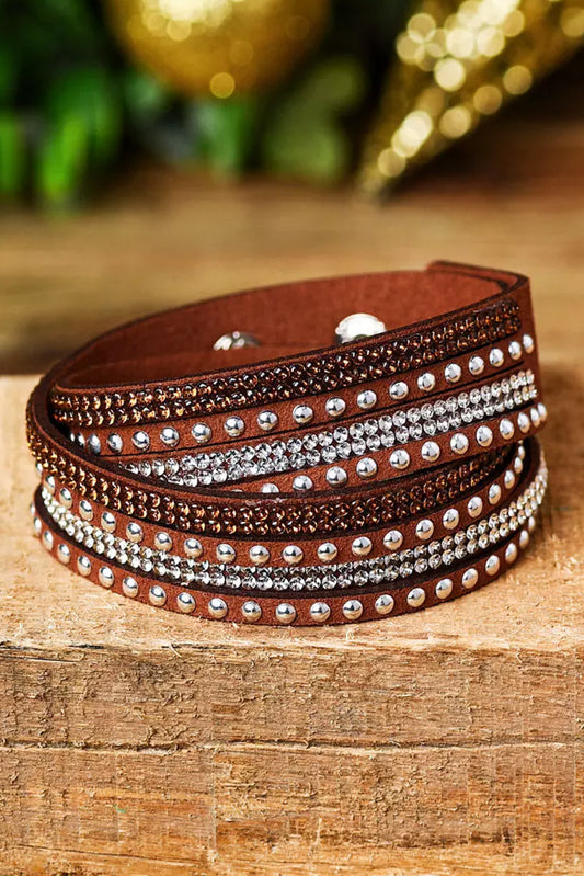 Brown Rivet Rhinestone Multi-Layered Leather Bracelet Jewelry JT's Designer Fashion