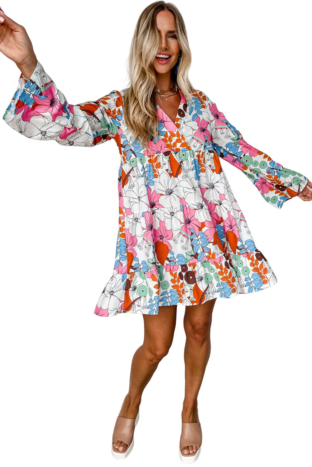 White Floral Long Sleeve V-Neck Ruffled Dress Dresses JT's Designer Fashion