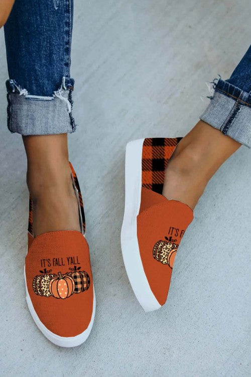 Orange Halloween Letter Pumpkin Plaid Print Slip-on Sneakers Women's Shoes JT's Designer Fashion