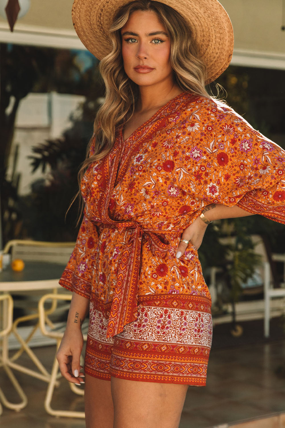 Orange Boho Floral Wrap V Neck Tie Waist Romper Jumpsuits & Rompers JT's Designer Fashion