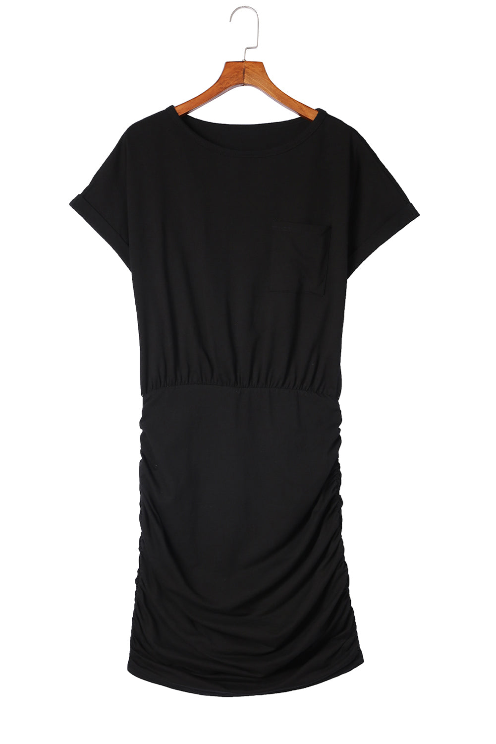 Black Chest Pocket Loose T-shirt Ruched Bodycon Mini Dress Mini Dresses JT's Designer Fashion