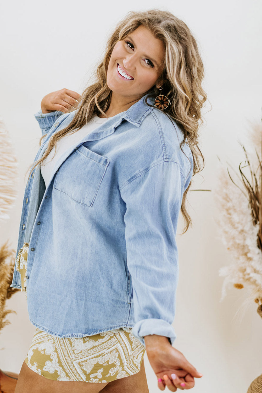 Sky Blue Plus Size Chest Pocket Button-Up Denim Shacket Plus Size JT's Designer Fashion