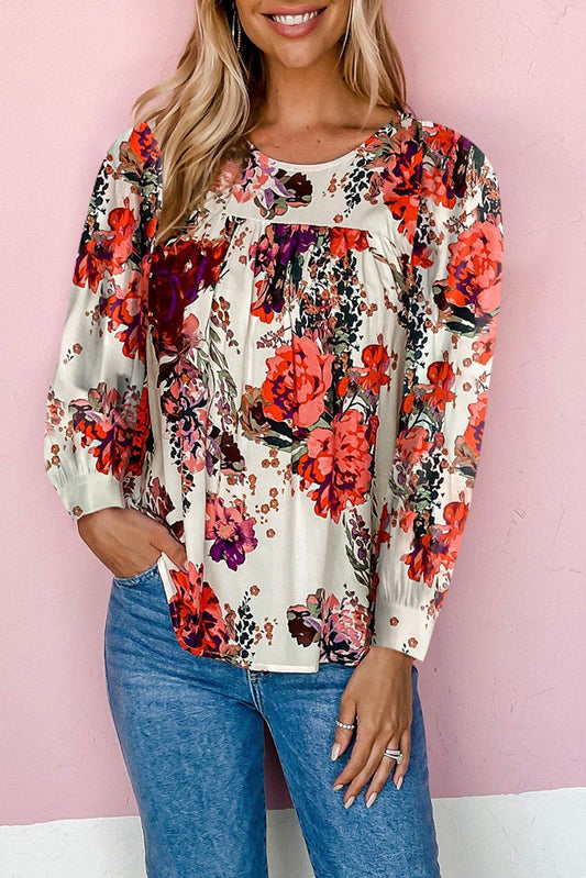 Red Retro Floral Long Sleeve Babydoll Blouse Tops & Tees JT's Designer Fashion