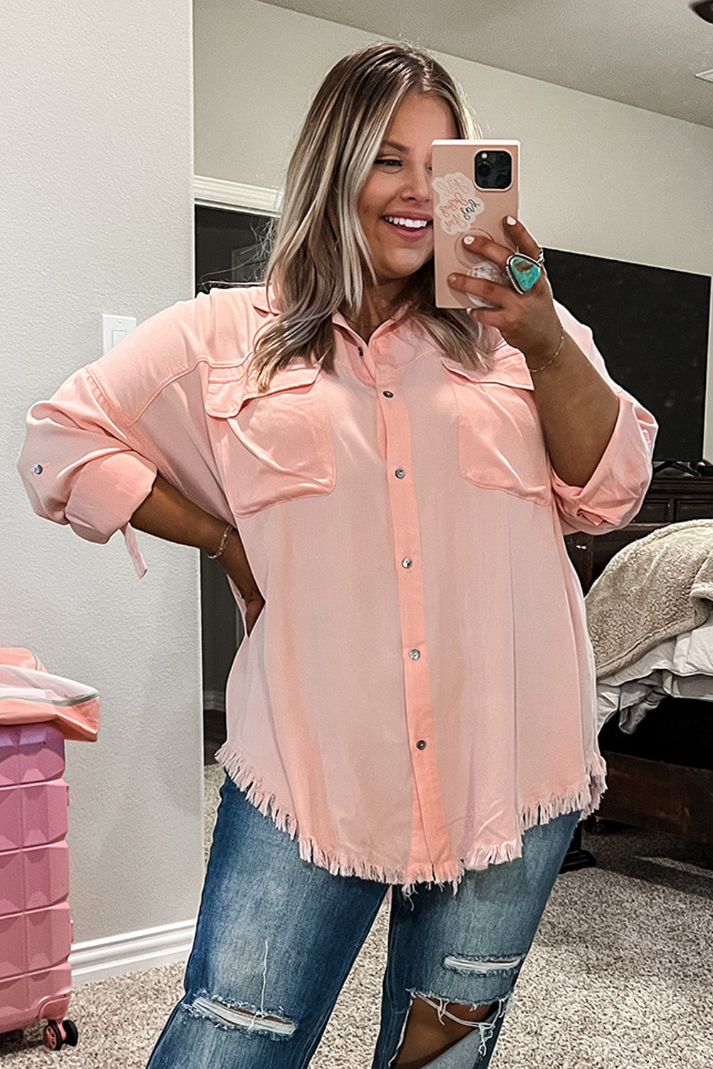 Pink Flap Pocket Tab Sleeve Button-Down Plus Size Shirt Plus Size JT's Designer Fashion