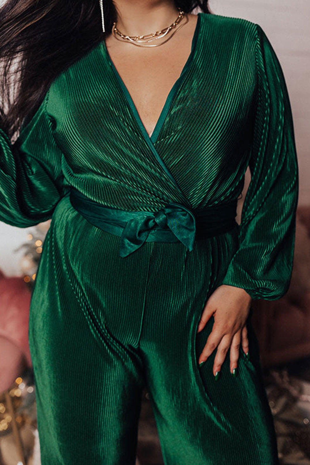 Dark Green Plus Size Pleated Satin Belted V Neck Jumpsuit Plus Size JT's Designer Fashion