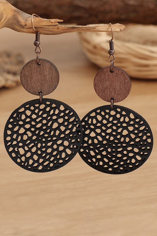 Black Hollow Out Wooden Round Drop Earrings Jewelry JT's Designer Fashion