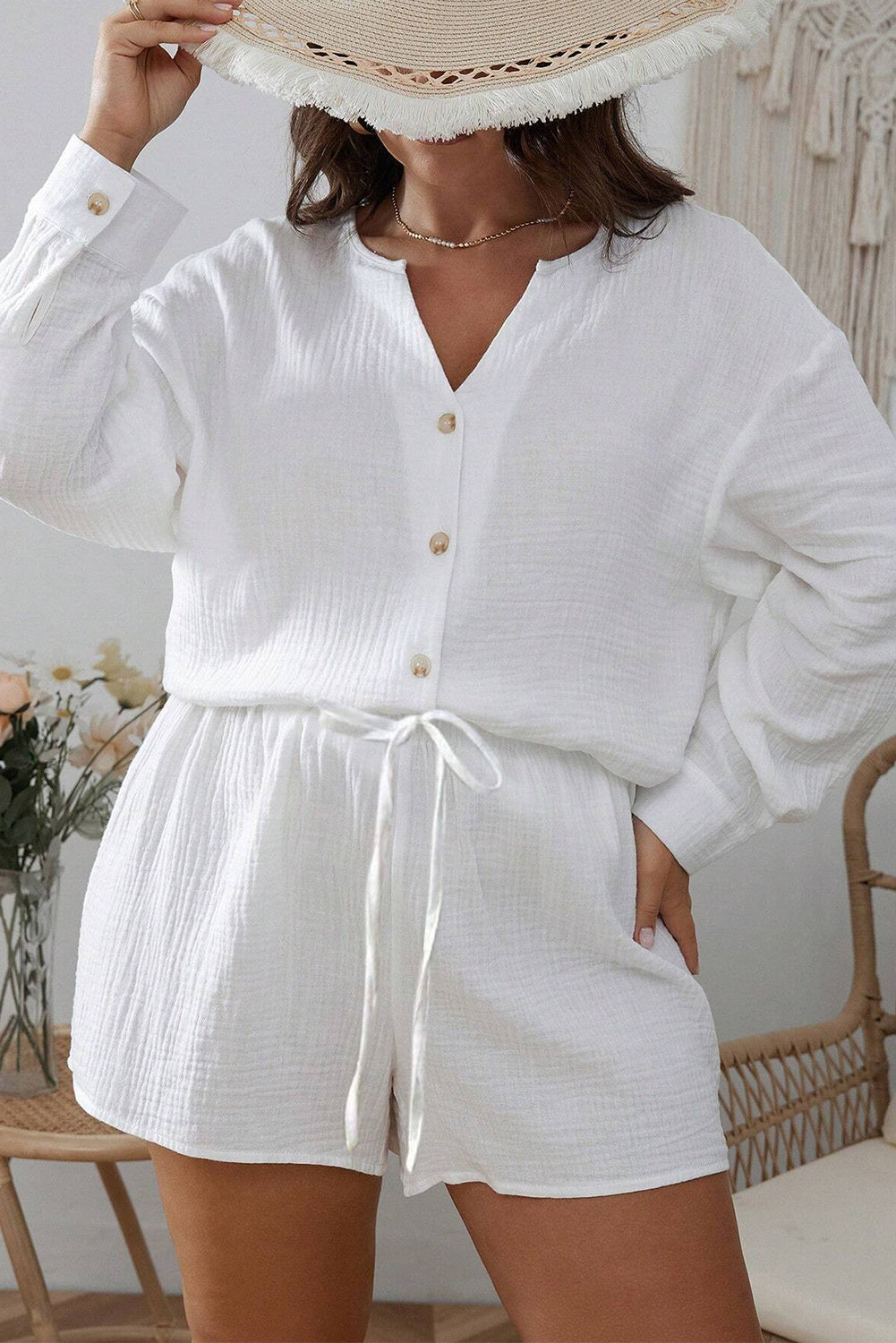 White Plus Size Crinkled Shirt and Drawstring Shorts Set Plus Size JT's Designer Fashion