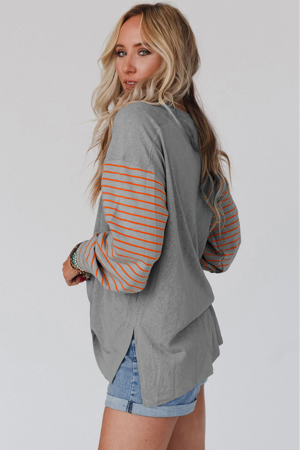 Gray Plus Size Striped Long Sleeve Colorblock Tee with Slits Plus Size JT's Designer Fashion