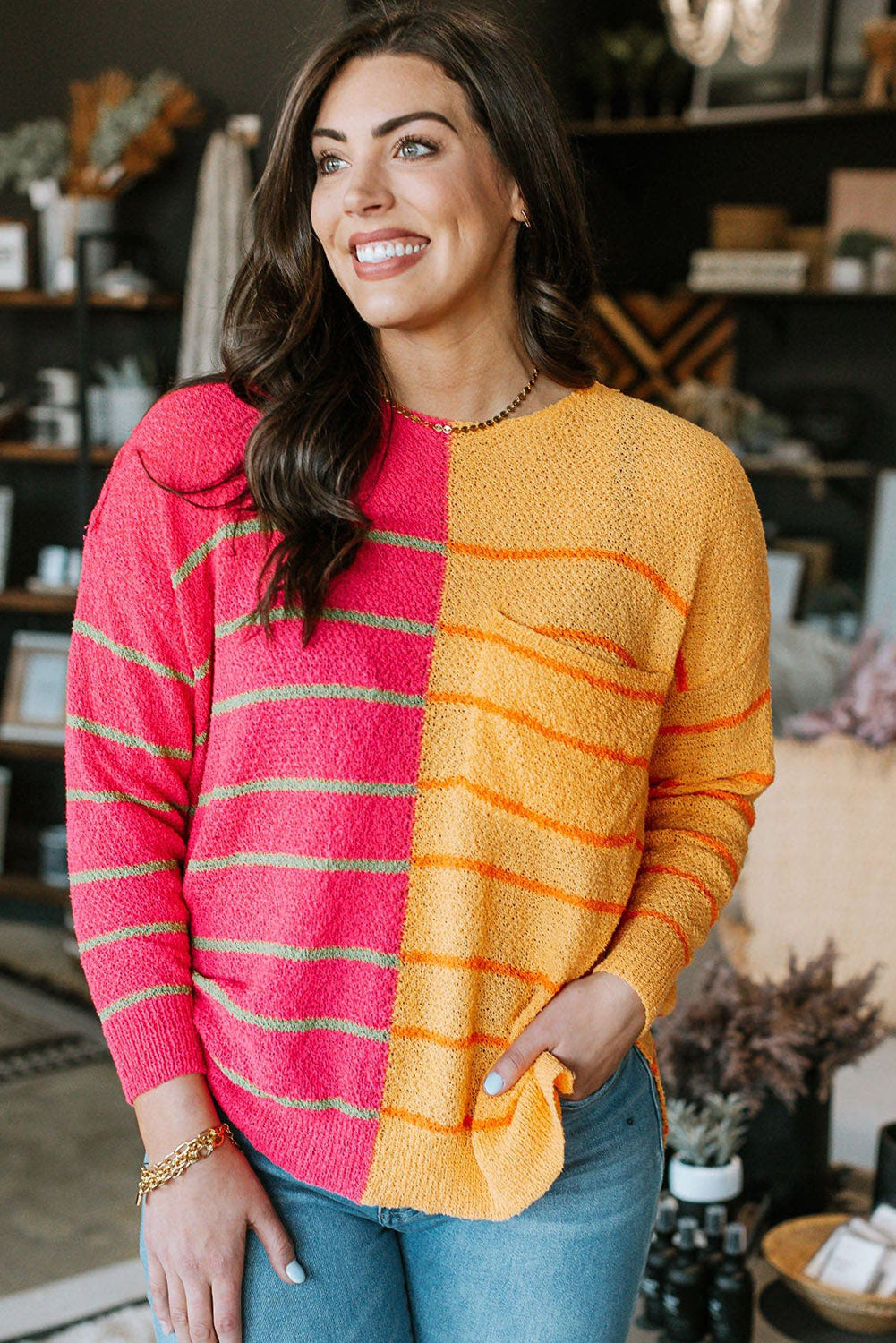 Yellow Red Striped Knit Chest Pocketed Plus Size Sweater Plus Size JT's Designer Fashion