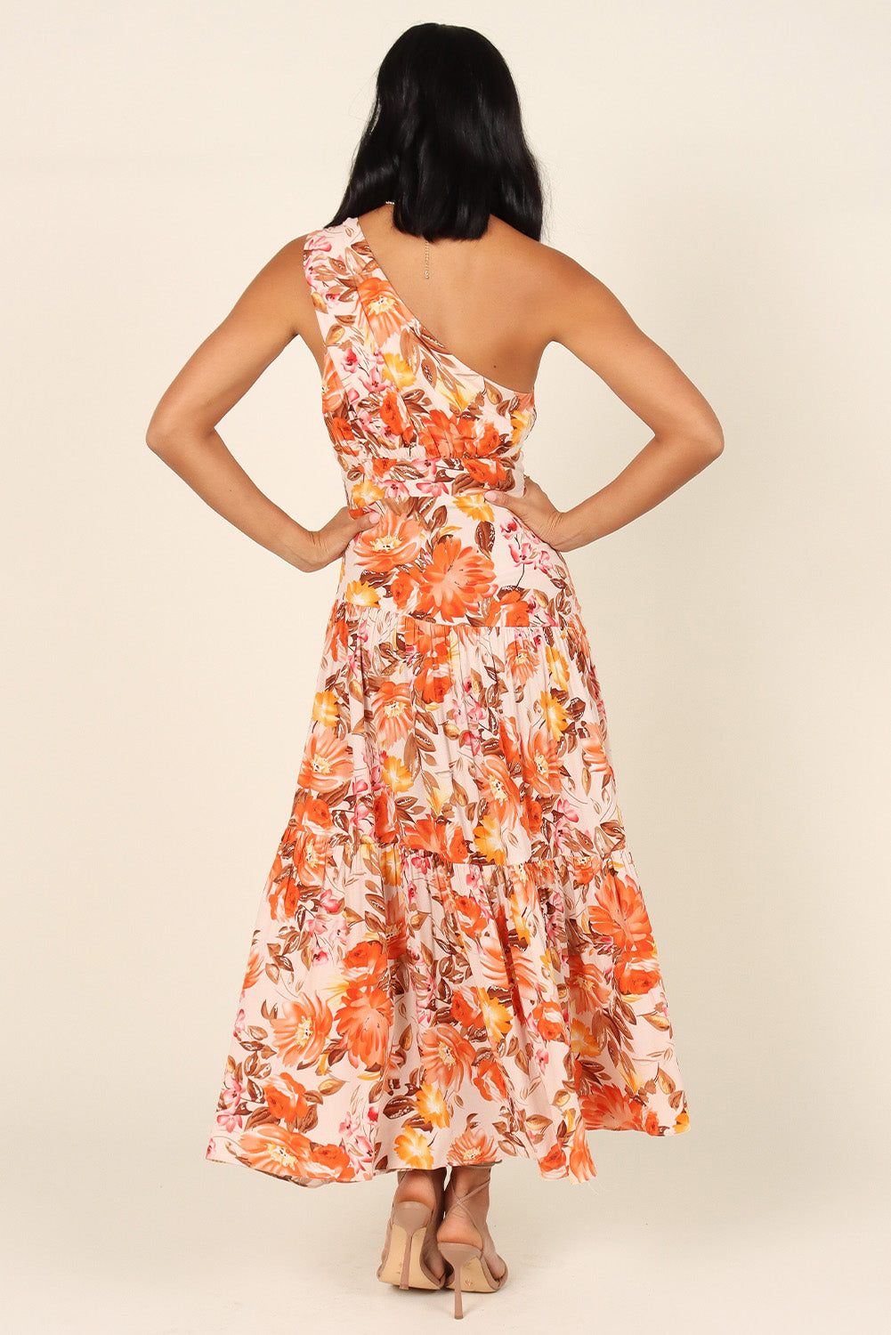 Orange Floral Print Pleated One Shoulder High Waist Maxi Dress Floral Dresses JT's Designer Fashion