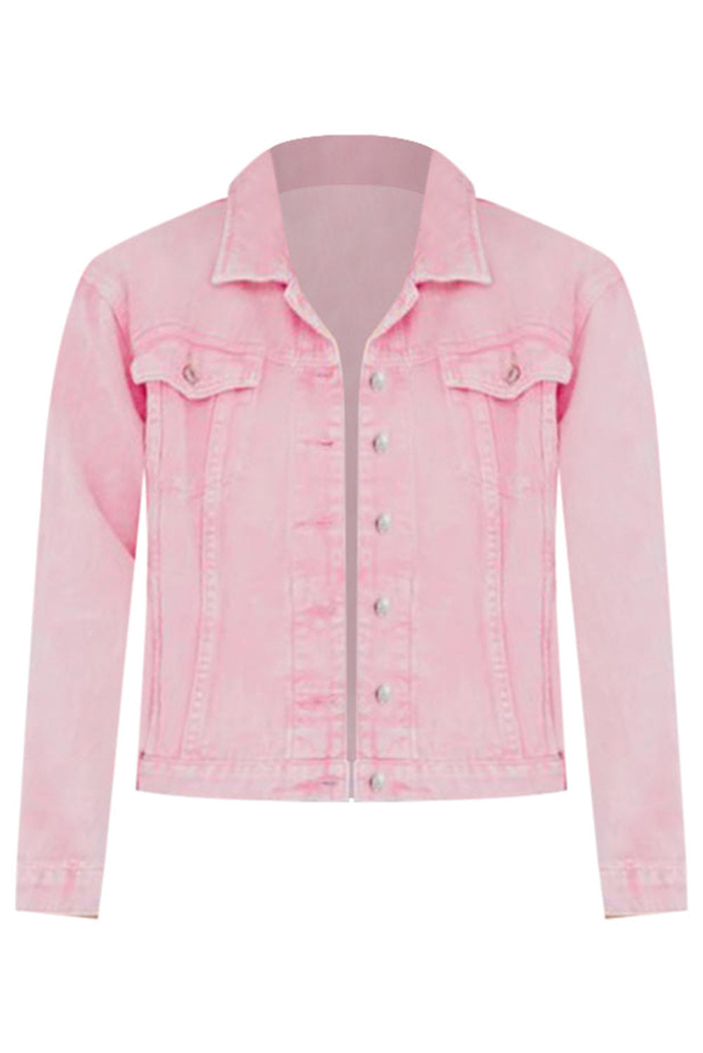 Barbie Style Pink Acid Wash Button Flap Pocket Denim Jacket Tops & Tees JT's Designer Fashion