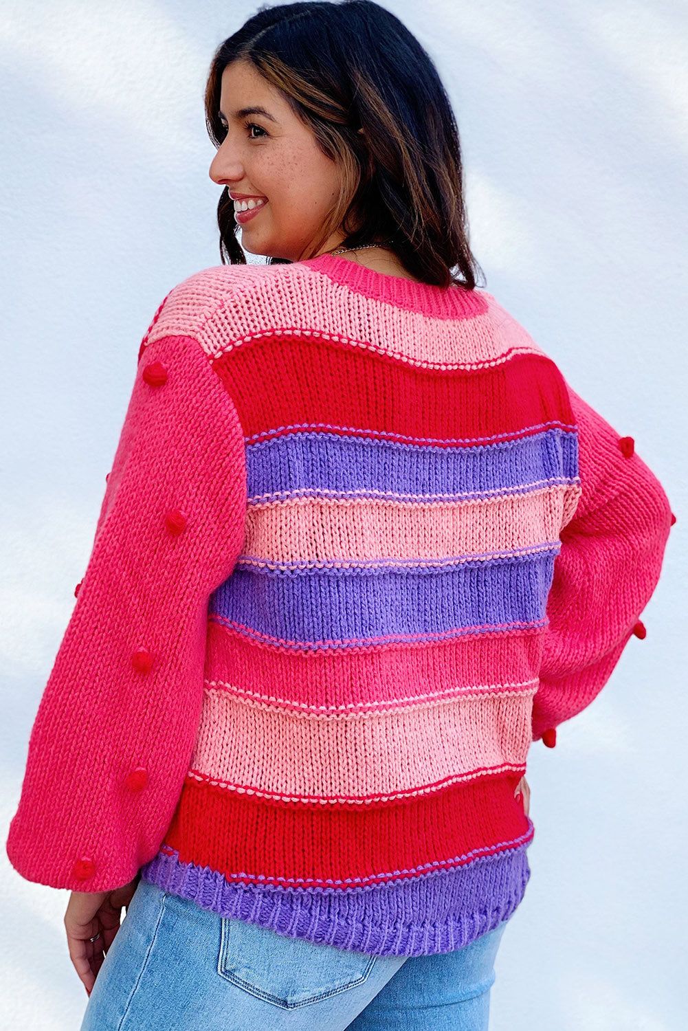 Pink Plus Size Striped Knit Pompom Puff Sleeve Sweater Plus Size JT's Designer Fashion