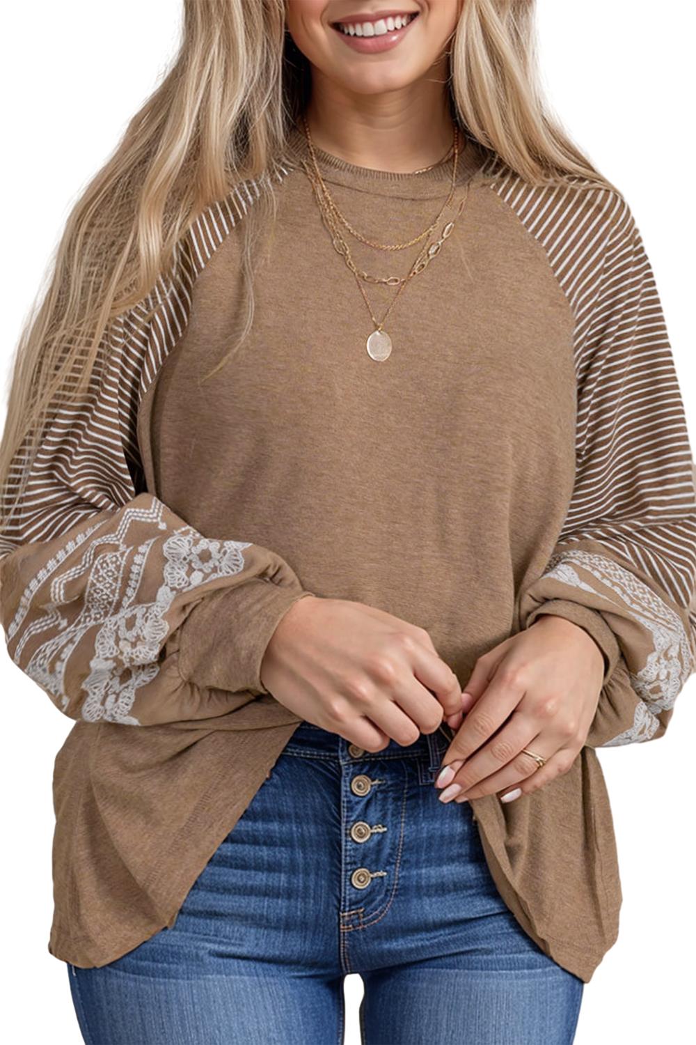 Light French Beige Striped Lace Raglan Sleeve Plus Size Top Plus Size JT's Designer Fashion