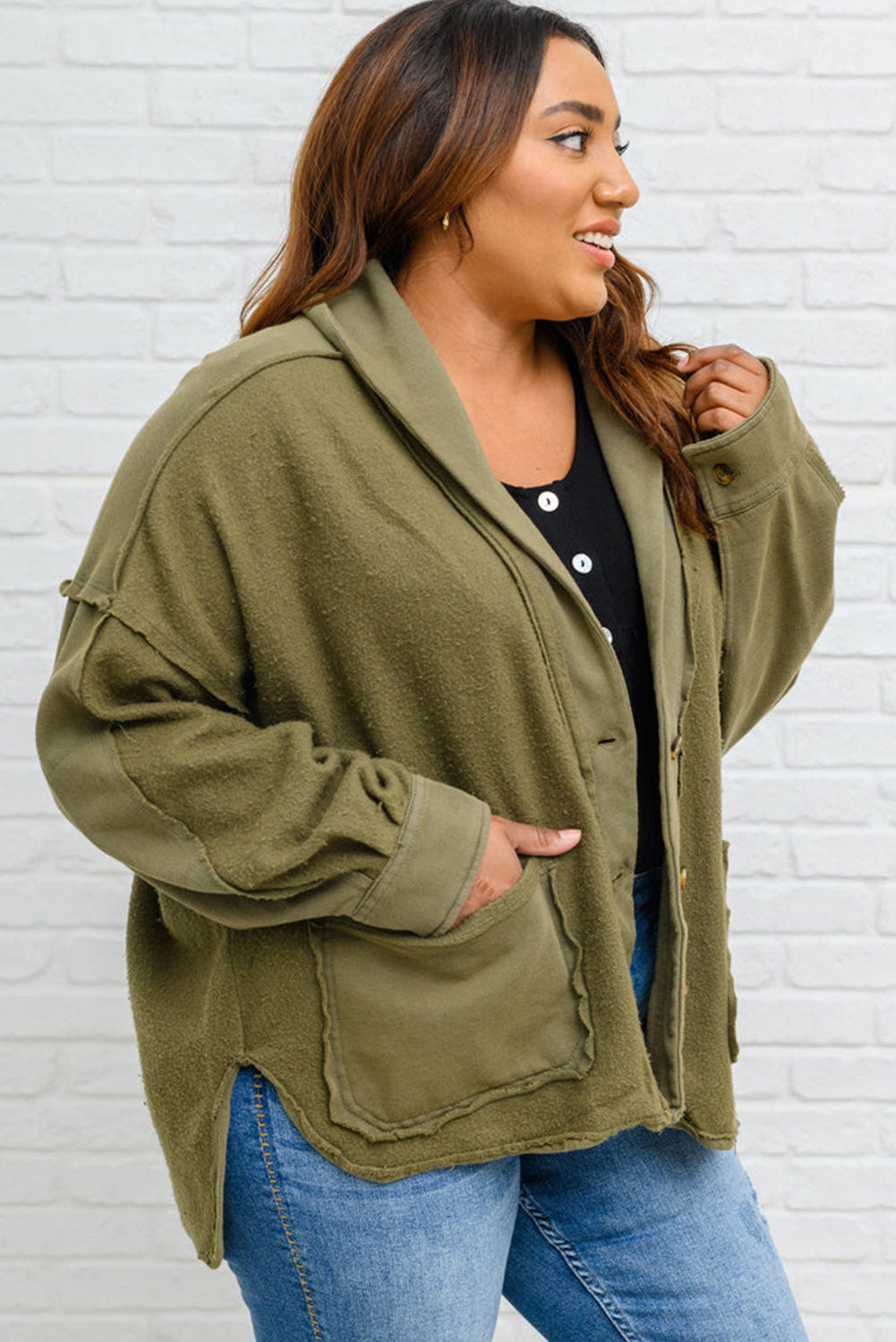 Green Plus Size Exposed Seam High Low Hem Hooded Jacket Plus Size JT's Designer Fashion