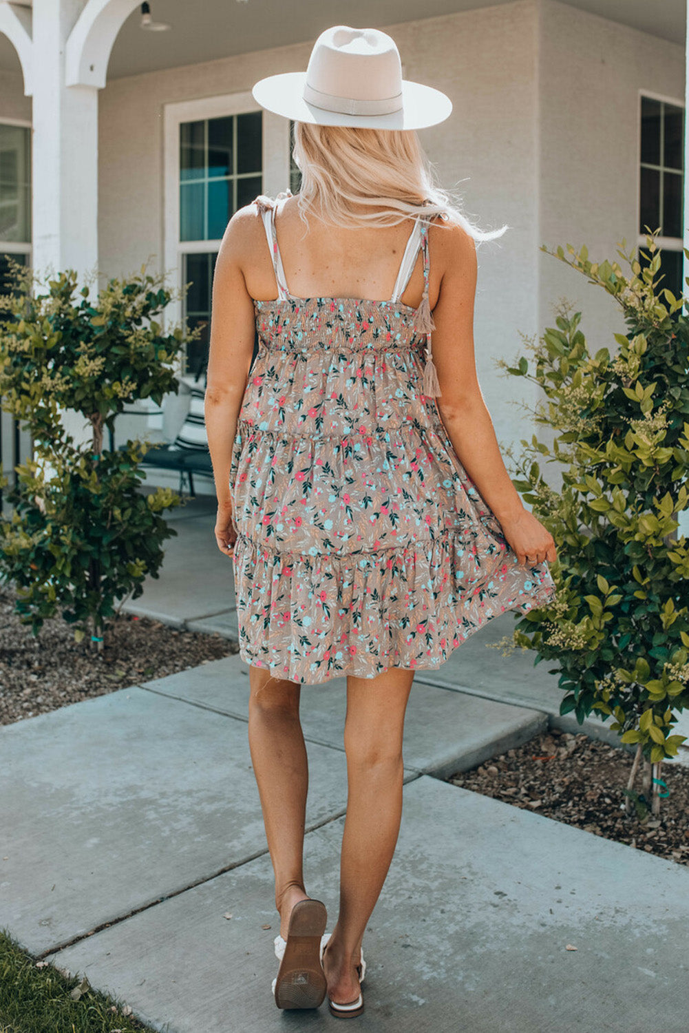 Khaki Flower Print Tiered Frilled Knotted Spaghetti Strap Mini Dress Mini Dresses JT's Designer Fashion