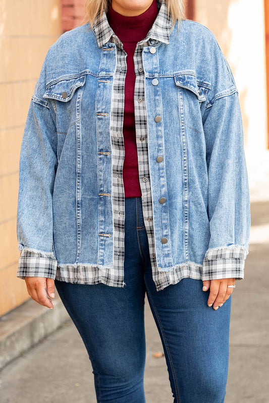 Sky Blue Frayed Plaid Splicing Plus Size Denim Jacket Denim jackets JT's Designer Fashion