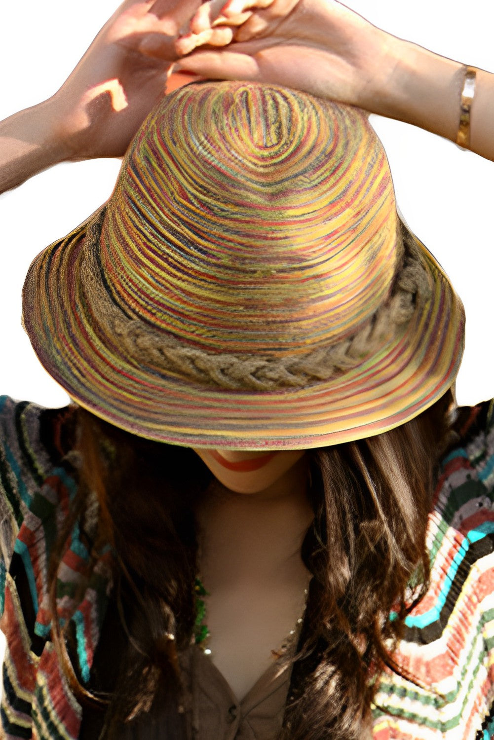 Khaki Striped Straw Boho Beach Hat Hats & Caps JT's Designer Fashion