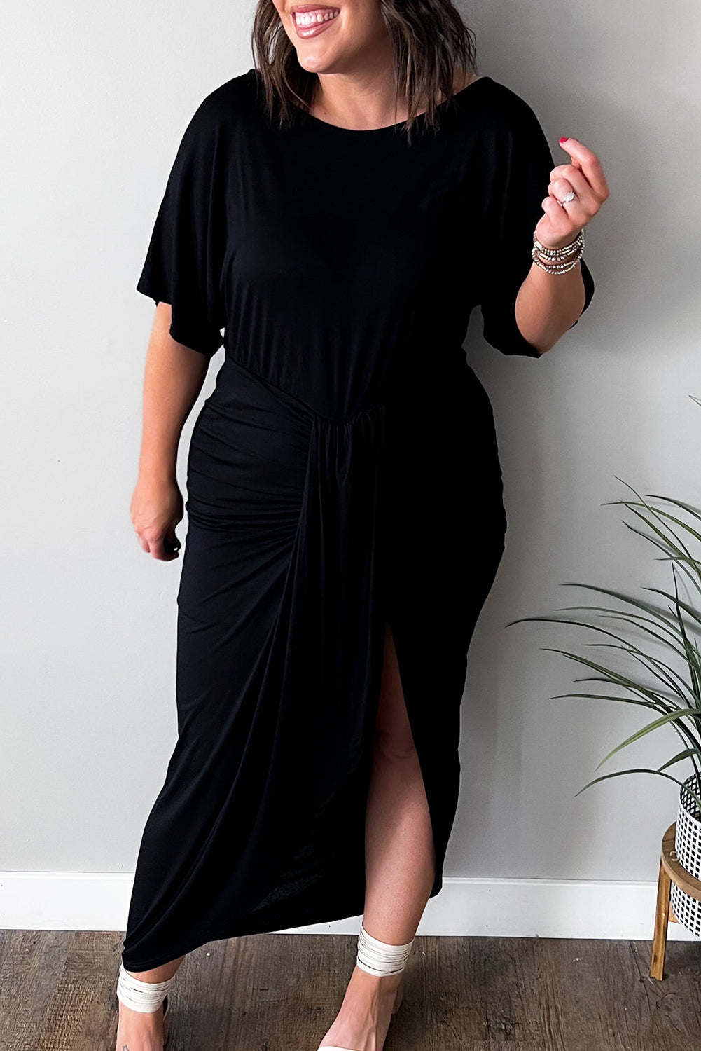 Black Side Split High Waist Short Sleeve Plus Size Maxi Dress Black 65%Polyester+30%Viscose+5%Elastane Plus Size Dresses JT's Designer Fashion