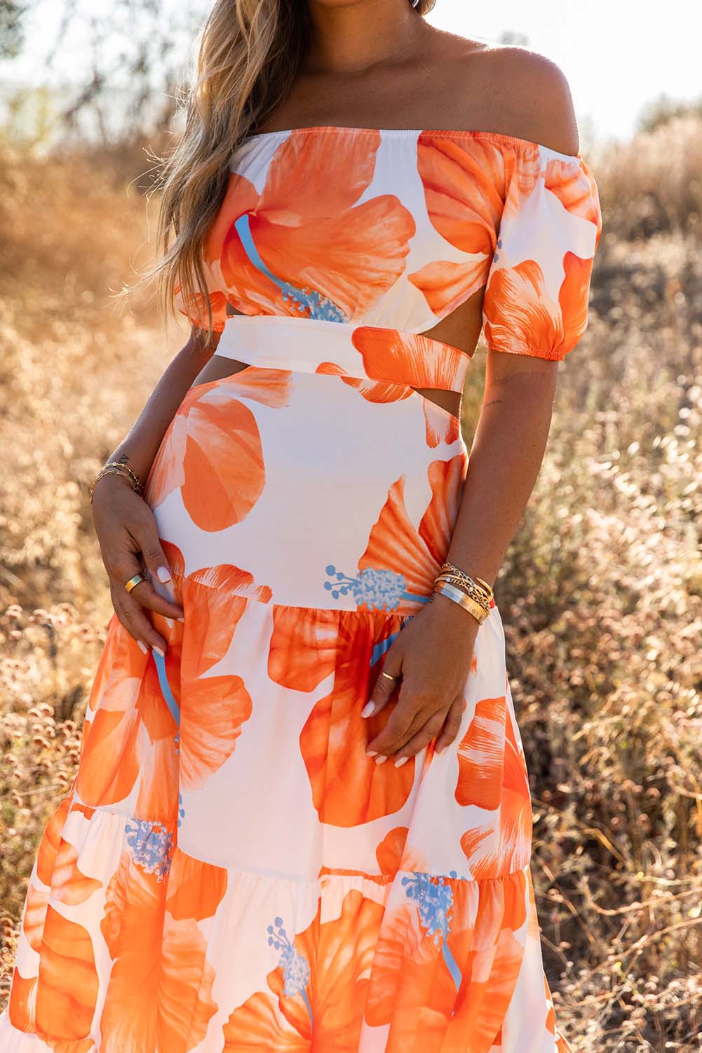 Orange Floral Print Off Shoulder Backless Maxi Dress Floral Dresses JT's Designer Fashion