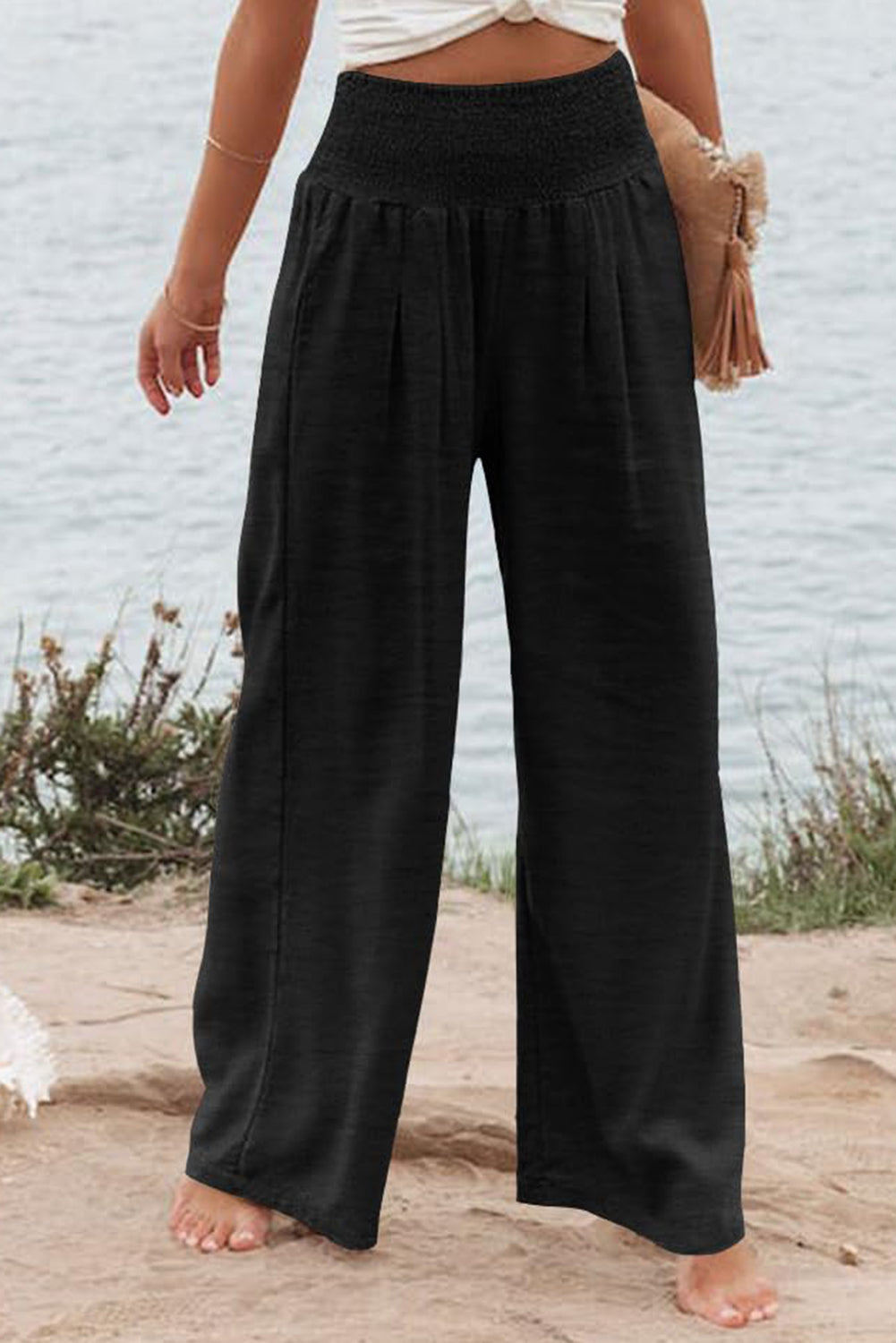 Black Shirred High Waist Plus Size Wide Leg Pants Plus Size JT's Designer Fashion