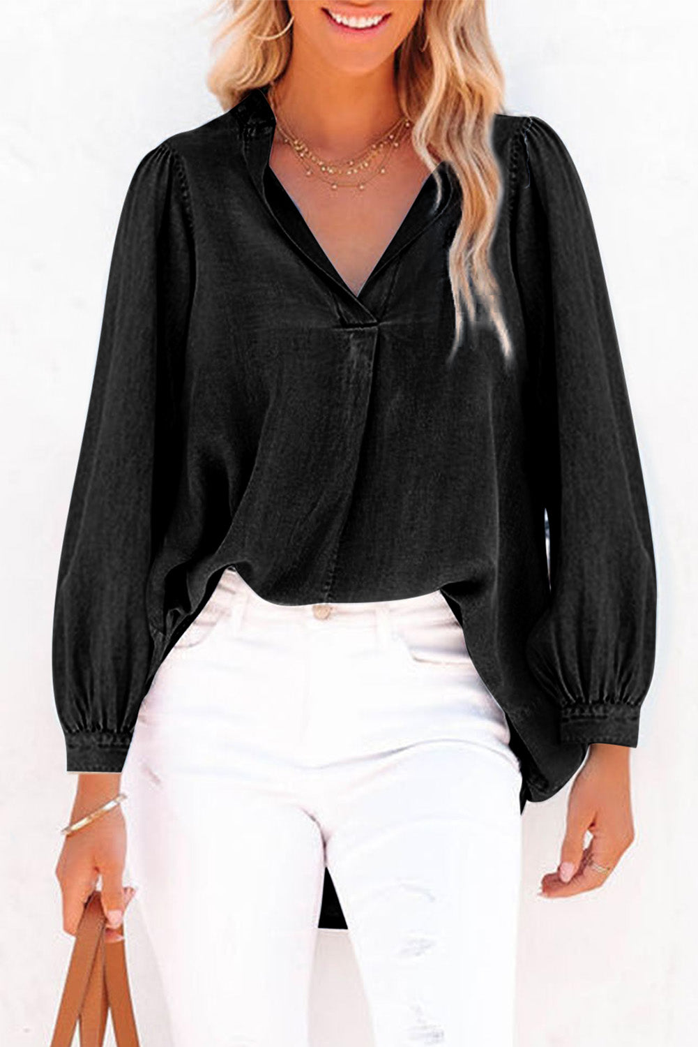 Black Split V-Neck Balloon Sleeve Ruched Denim Top Tops & Tees JT's Designer Fashion