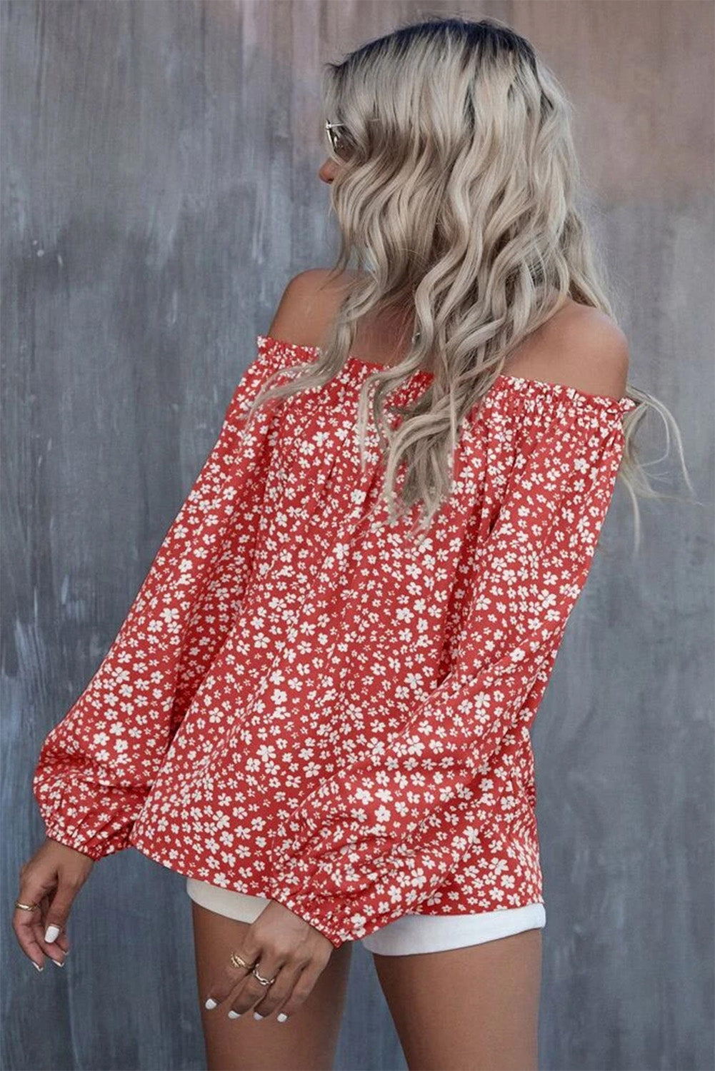 Red Floral Print Frill Trim Off-shoulder Lantern Sleeve Blouse Tops & Tees JT's Designer Fashion