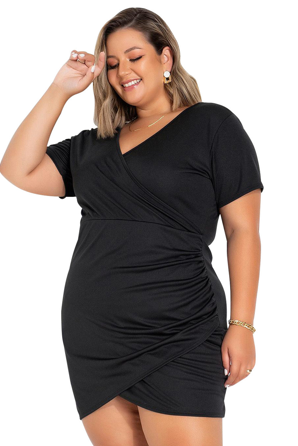 Black Wrap Ruched Short Sleeves Plus Size Mini Dress Plus Size Dresses JT's Designer Fashion